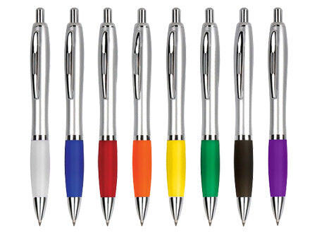 Boligrafo plastico plateado modelo "SAW" con goma de color. Set de 100 unidades