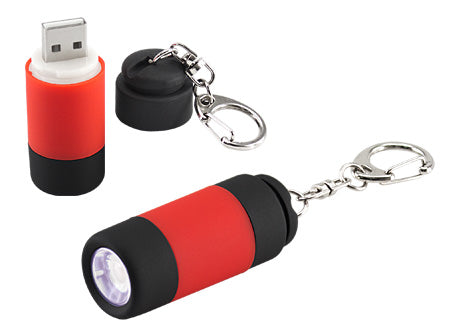 Llavero con linterna LED, equipado con una terminal USB para recargar su batería. Set de 12 unidades
