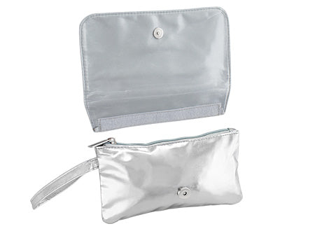 Elegante cosmetiquero en tono plateado, tapa blanca para sublimacion. Set de 6 unidades