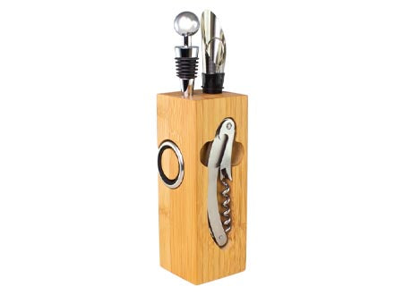 set de accesorios para los amantes del vino, en madera de bambú.