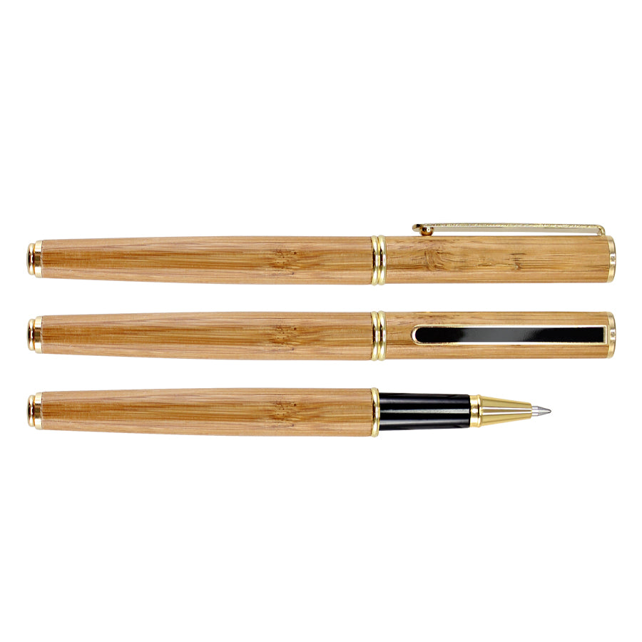Deluxe Roller Pen Ejecutivo de Madera de Bamboo con terminales dorados. Pack de 6 unidades