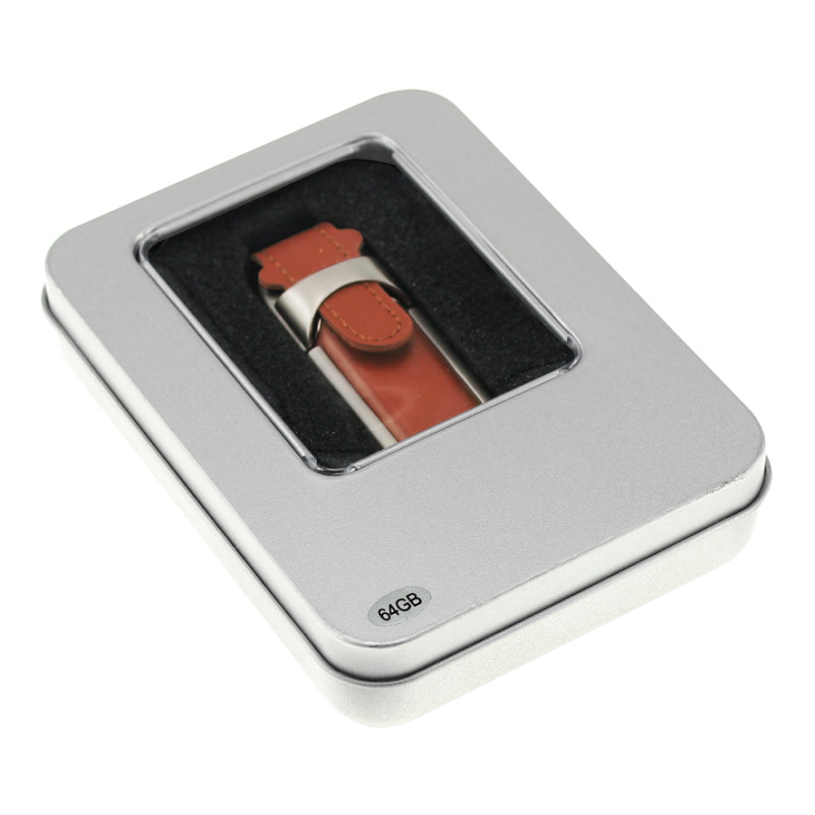USB Pendrive 64GB de Cuero, presentación en estuche de aluminio. Pack de 2 unidades
