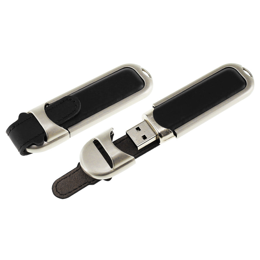 USB Pendrive 64GB de Cuero, presentación en estuche de aluminio. Pack de 2 unidades