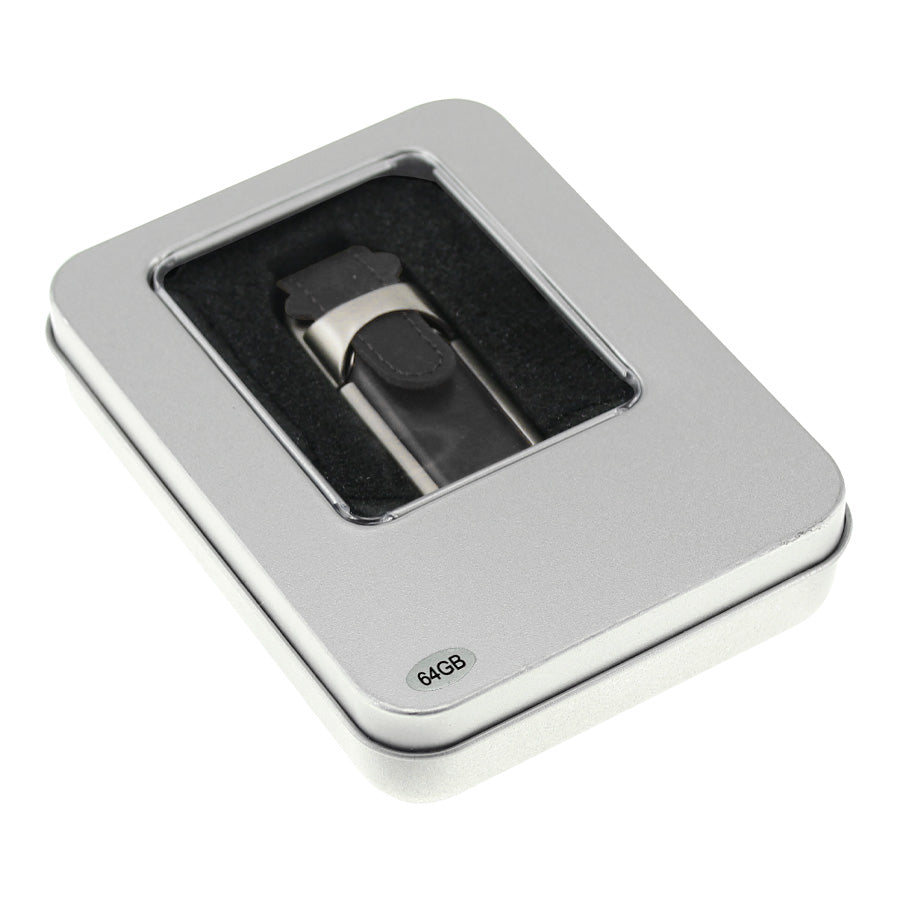 USB Pendrive 64GB de Cuero, presentación en estuche de aluminio. Pack de 2 unidades