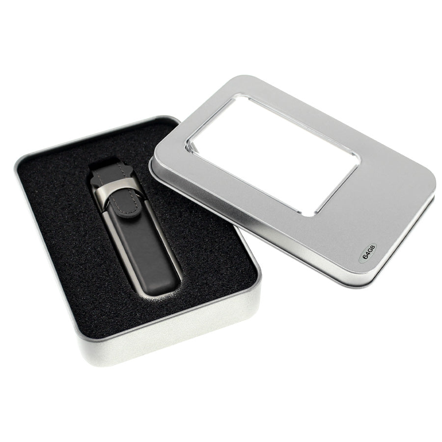 USB Pendrive 64GB de Cuero, presentación en estuche de aluminio. Pack de 2 unidades