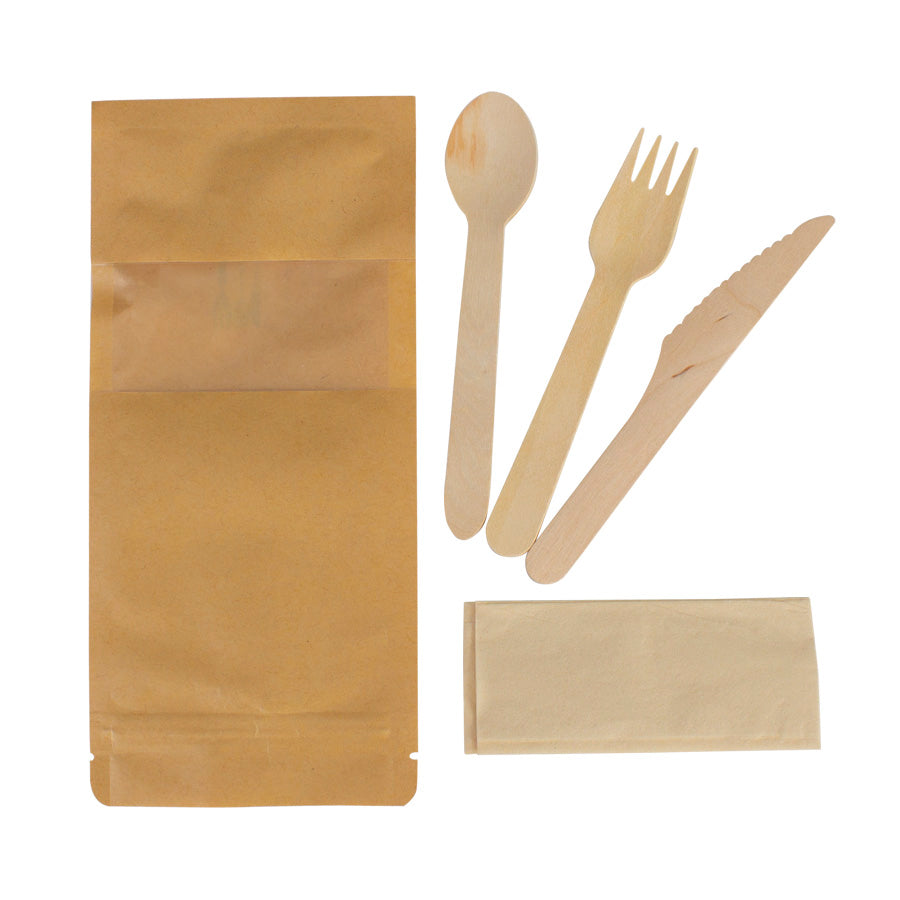 Bolsa Zip de 3 cubiertos Sustentable ; Cuchillo,Tenedor, cuchara + servilleta. Pack de 50 bolsa