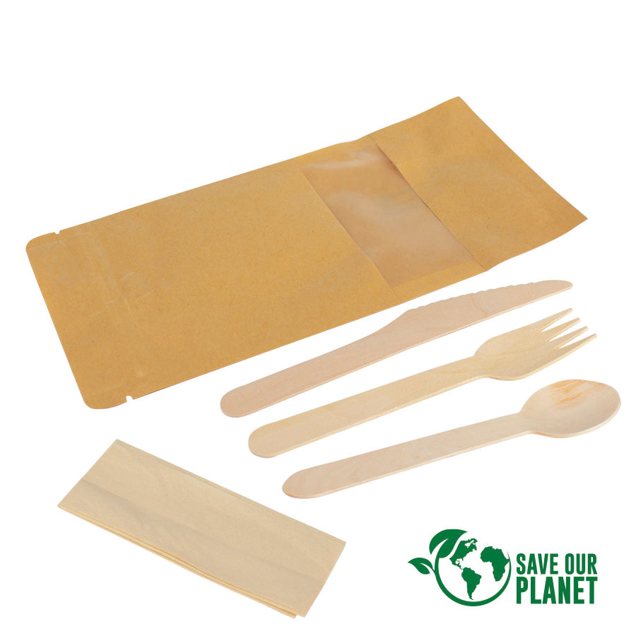 Bolsa Zip de 3 cubiertos Sustentable ; Cuchillo,Tenedor, cuchara + servilleta. Pack de 50 bolsa