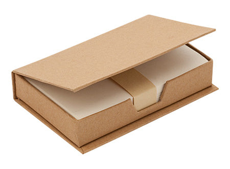 Taco de notas ecológico con 180 hojas, presentado en una caja de cartón reciclado. Set de 50 unidades