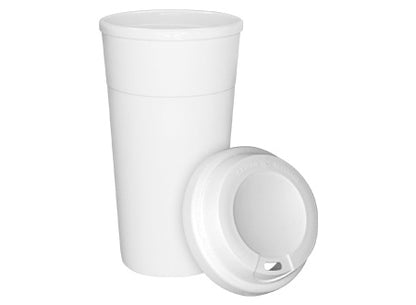 vaso grande de 480 ml, modelo "Clau," fabricado en plástico blanco, con tapa de rosca de silicona. Set de 12 unidades