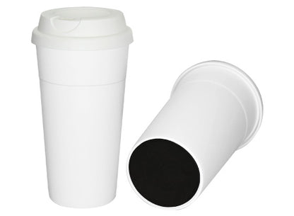 vaso grande de 480 ml, modelo "Clau," fabricado en plástico blanco, con tapa de rosca de silicona. Set de 12 unidades