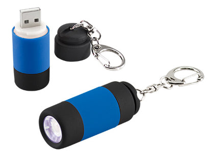 Llavero con linterna LED, equipado con una terminal USB para recargar su batería. Set de 12 unidades