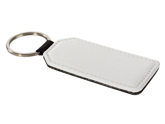 Llavero rectangular modelo bandera en PU blanco, reverso negro, para sublimacion