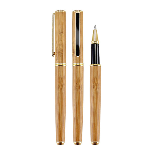 Deluxe Roller Pen Ejecutivo de Madera de Bamboo con terminales dorados. Pack de 6 unidades