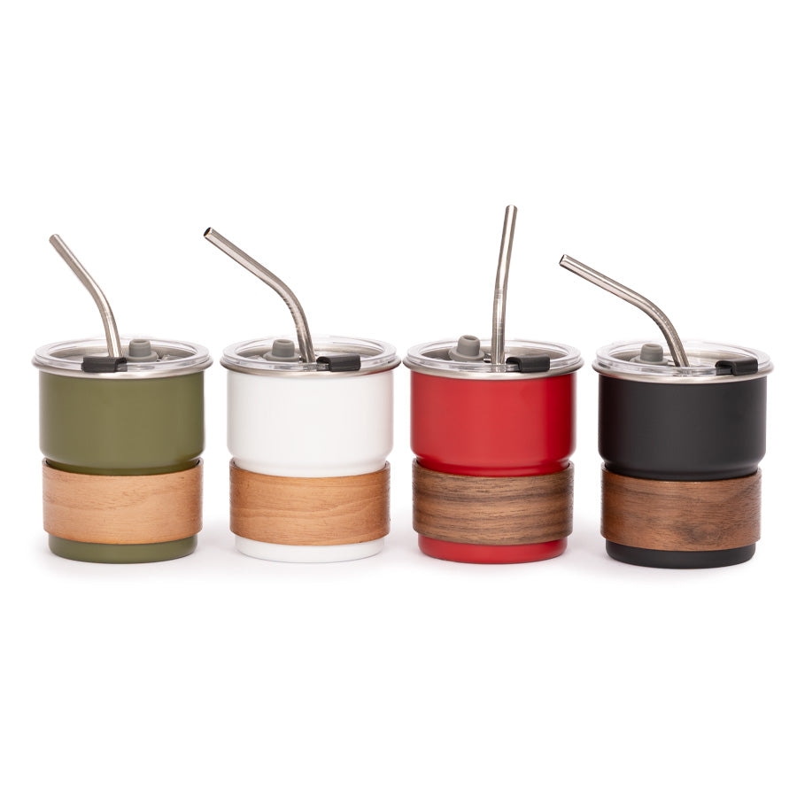 Vaso Térmico metálico "CAMP" 300cc. con Bombilla y Grip de Madera. PACK DE 4 UNIDADES
